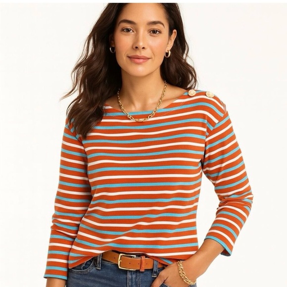 J.CREW Tops - J Crew Womens Boatneck Top in Striped Mariner Cloth Orange Blue Button Size M